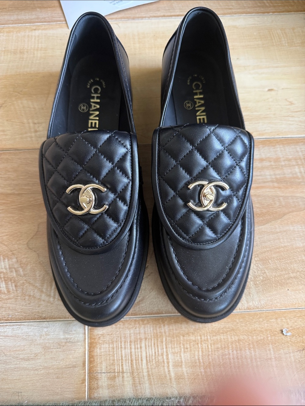 CHANEL Black Quilted Leather CC-Emblem Slip-On Loafers